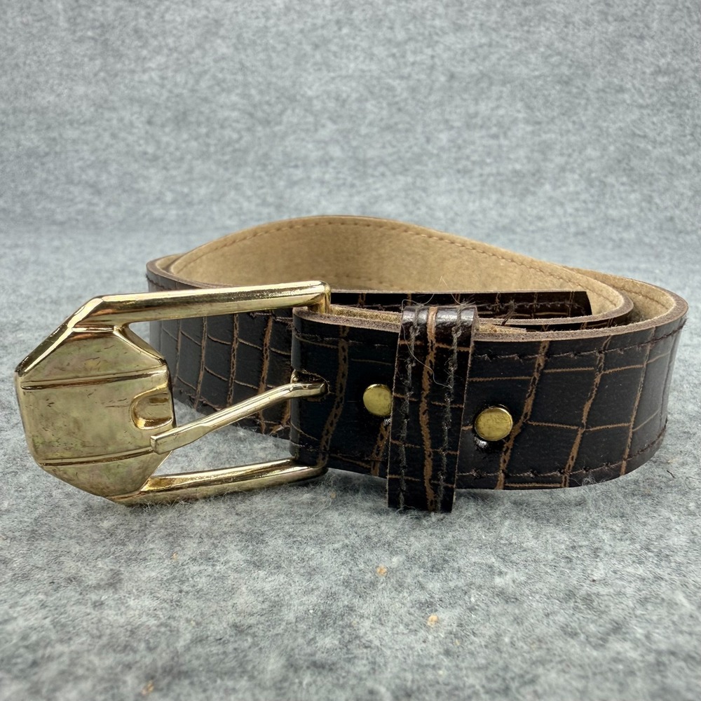 Vintage Wide Crocodile Embossed Brown Leather Belt Gold Buckle Size 10 6294 USA